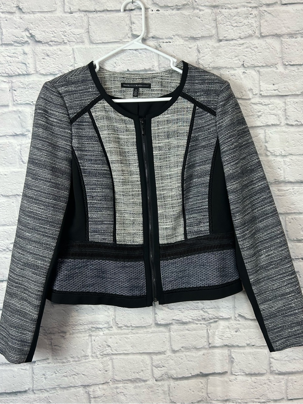 White House Black Market Size 14 Tweed Zip Front Jacket Black Gray Crochet Trim